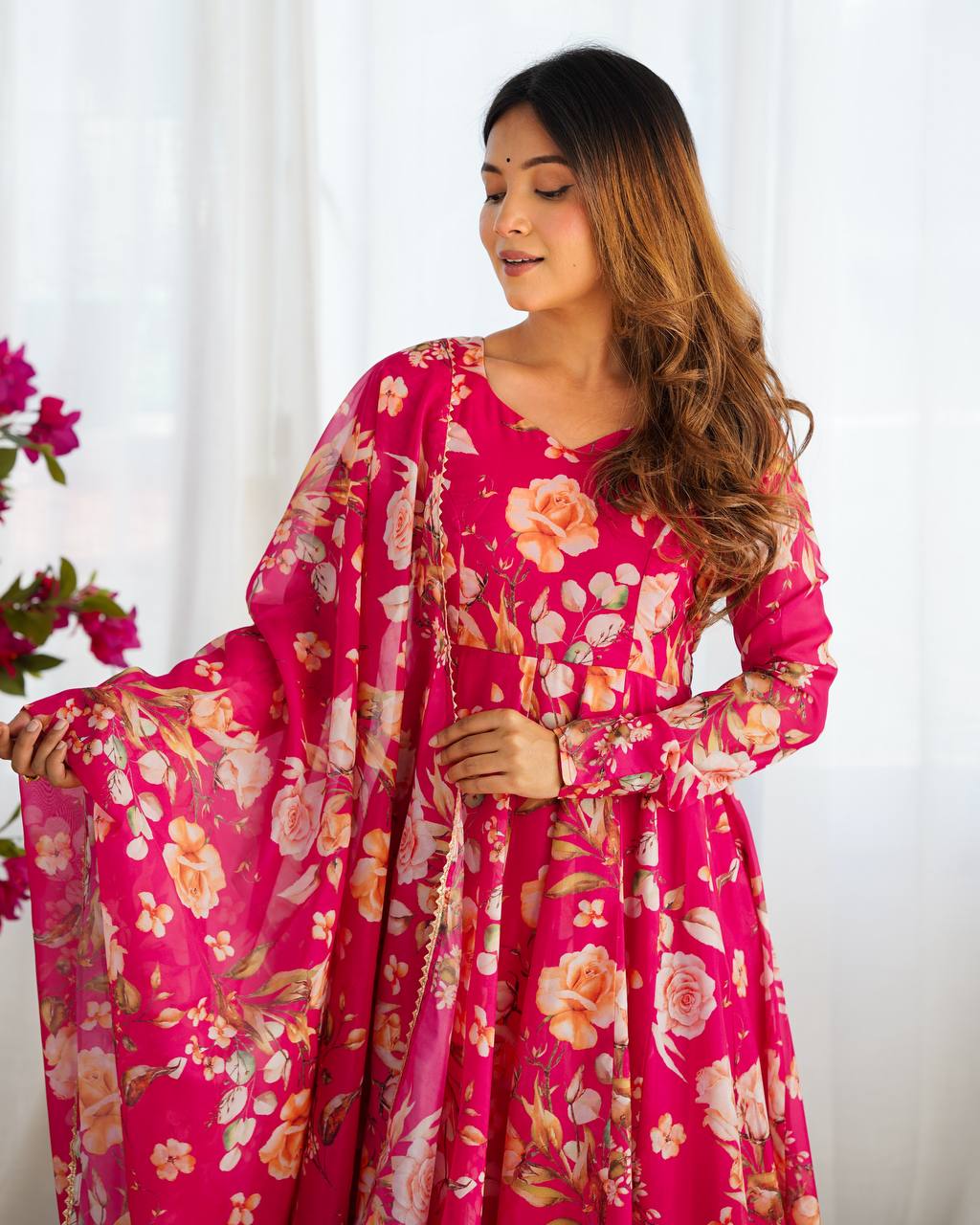 Pink Vibrant Pure Organza Silk Anarkali Set with Dupatta & Pant