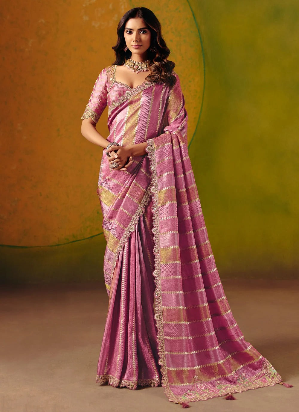 Pink designer saree for wedding reception in jacquard silk