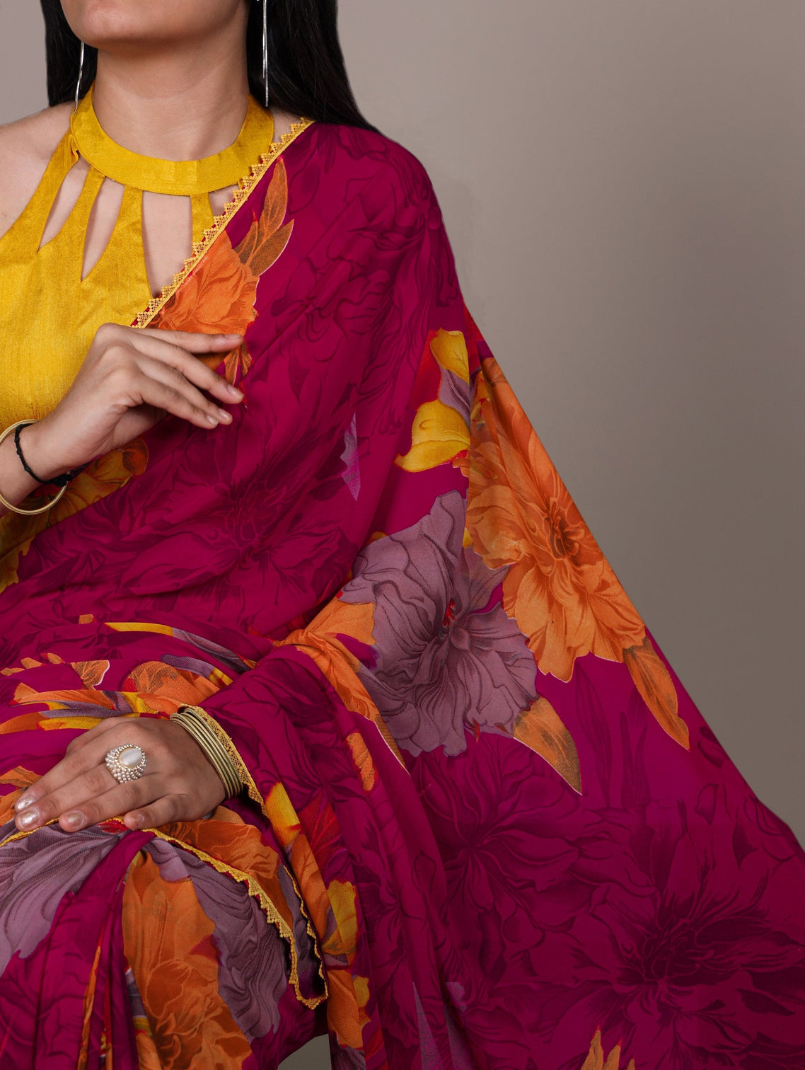 Pink Weightless Marbal Floral Printed Saree with Lace Border & Unstitched Banglory Plain Blouse