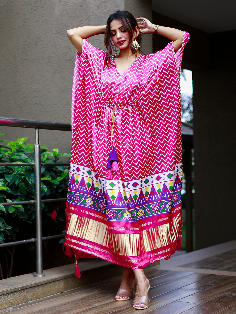 Pink white color digital print pure gaji silk kaftan