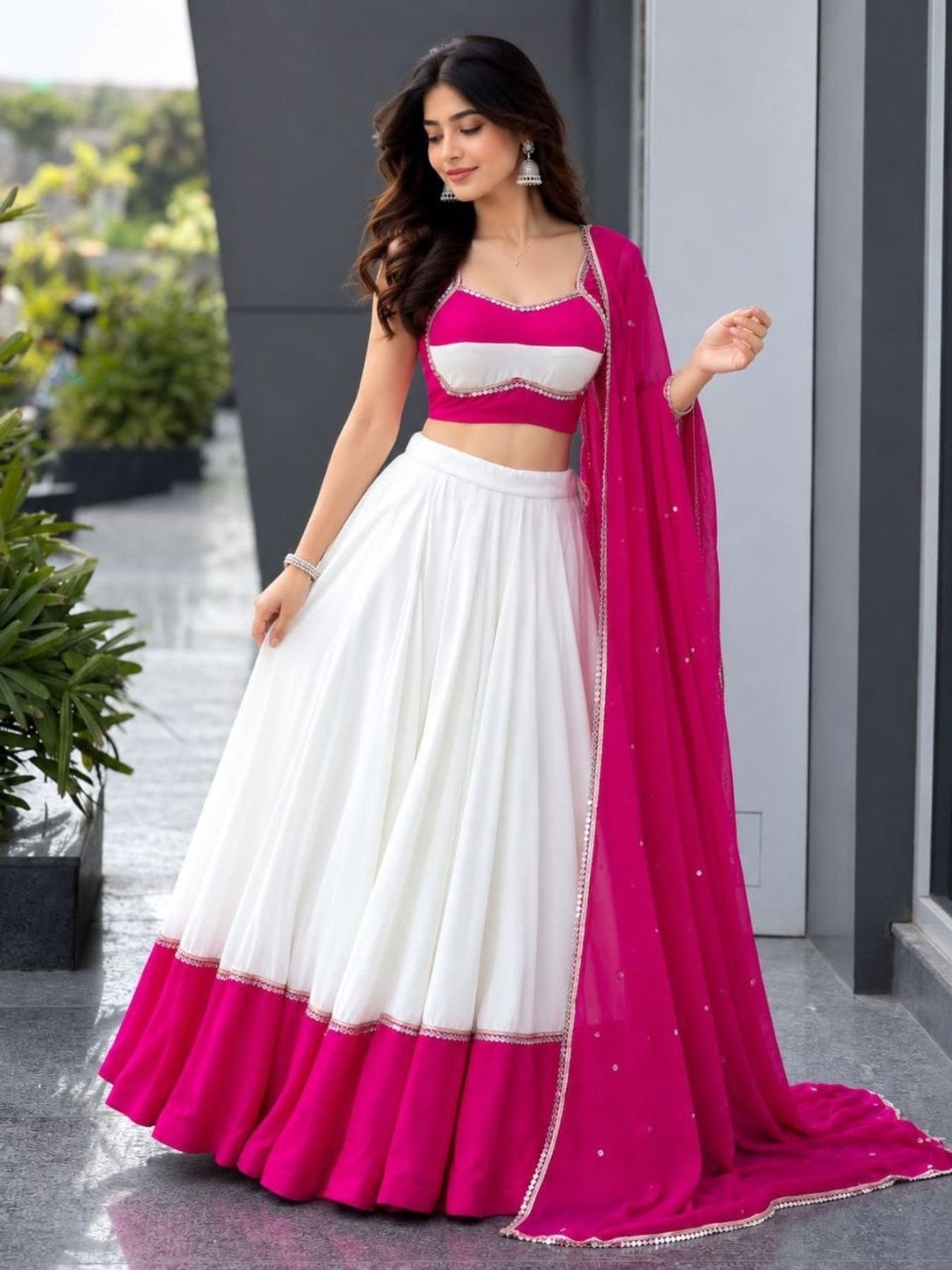 White Cotton Party Wear Lehenga Choli with Heavy Mirror Work Lace