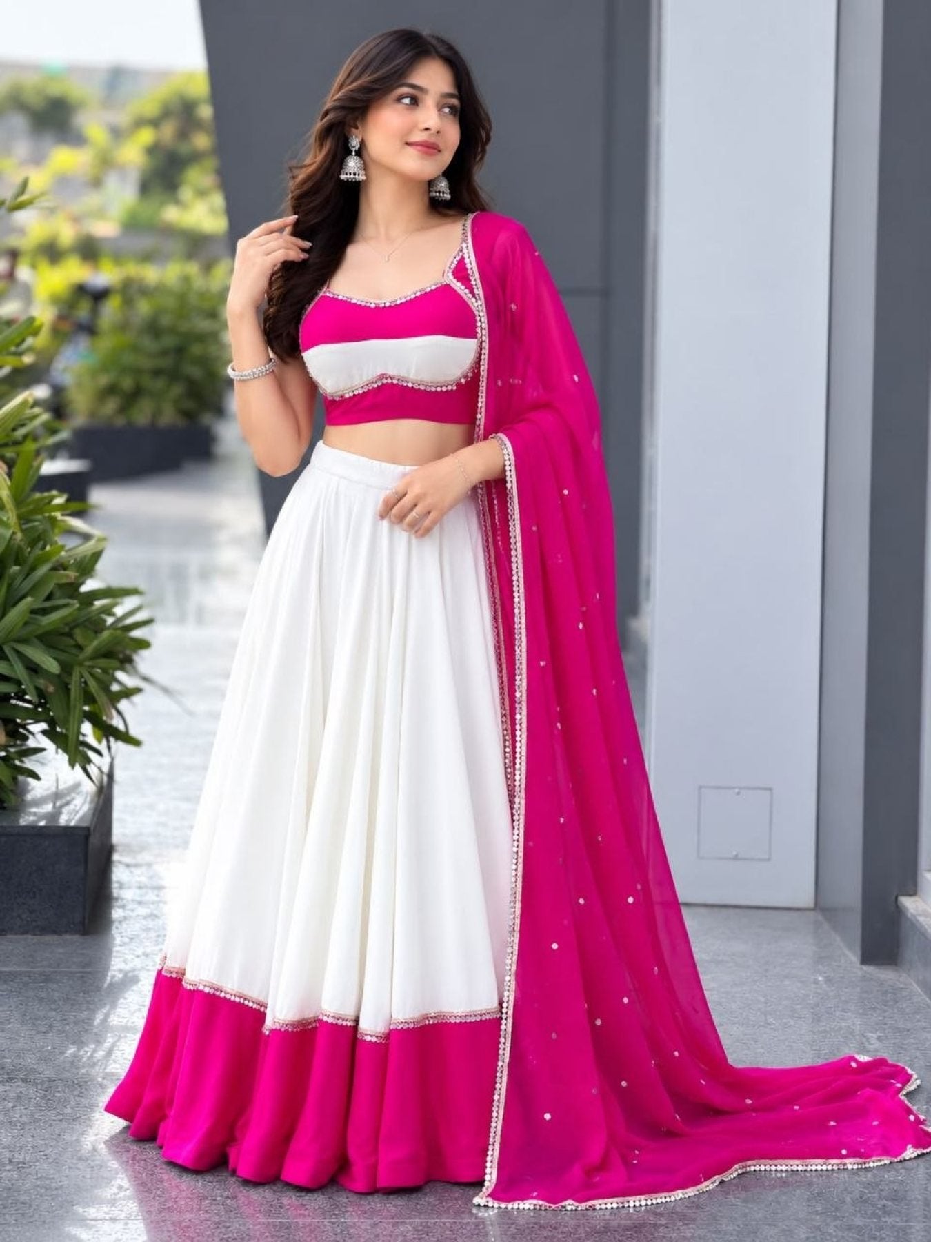 White Cotton Party Wear Lehenga Choli with Heavy Mirror Work Lace