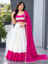 White Cotton Party Wear Lehenga Choli with Heavy Mirror Work Lace