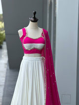 White Cotton Party Wear Lehenga Choli with Heavy Mirror Work Lace