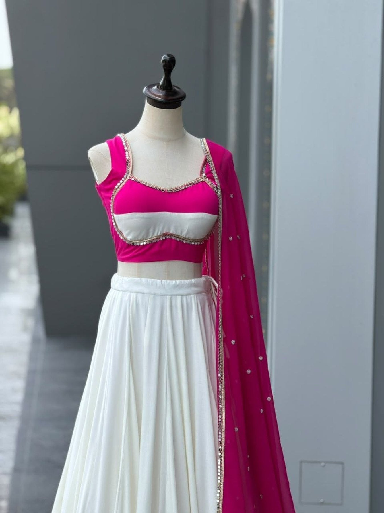 White Cotton Party Wear Lehenga Choli with Heavy Mirror Work Lace