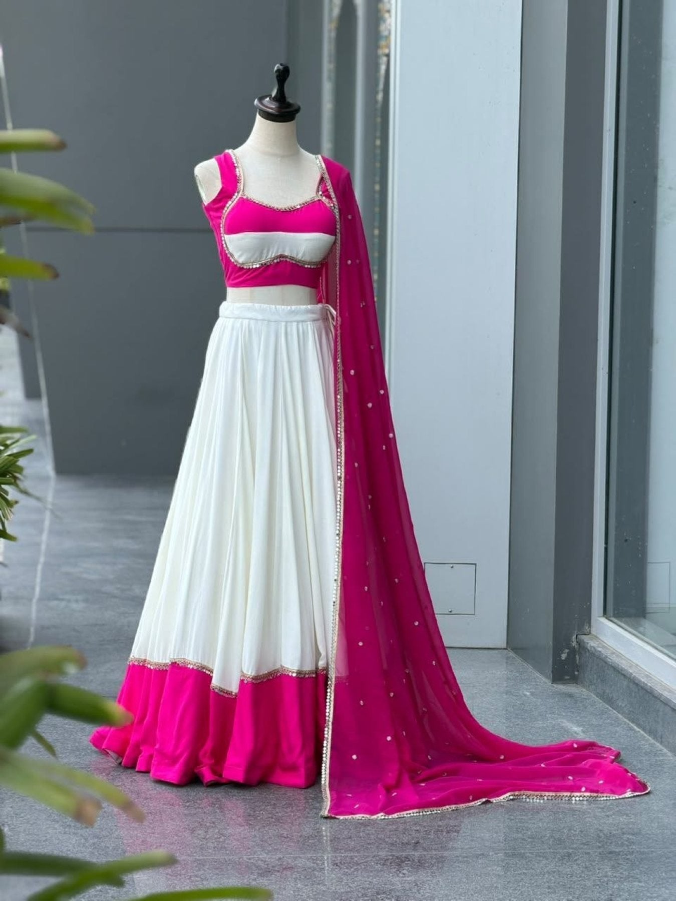 White Cotton Party Wear Lehenga Choli with Heavy Mirror Work Lace