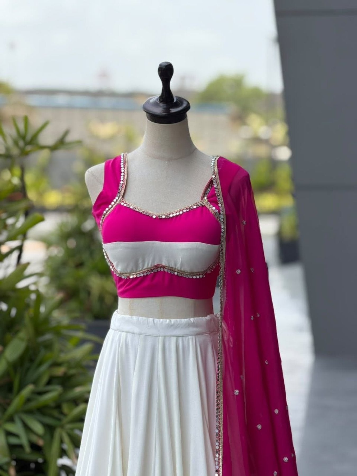 White Cotton Party Wear Lehenga Choli with Heavy Mirror Work Lace