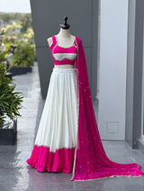 White Cotton Party Wear Lehenga Choli with Heavy Mirror Work Lace