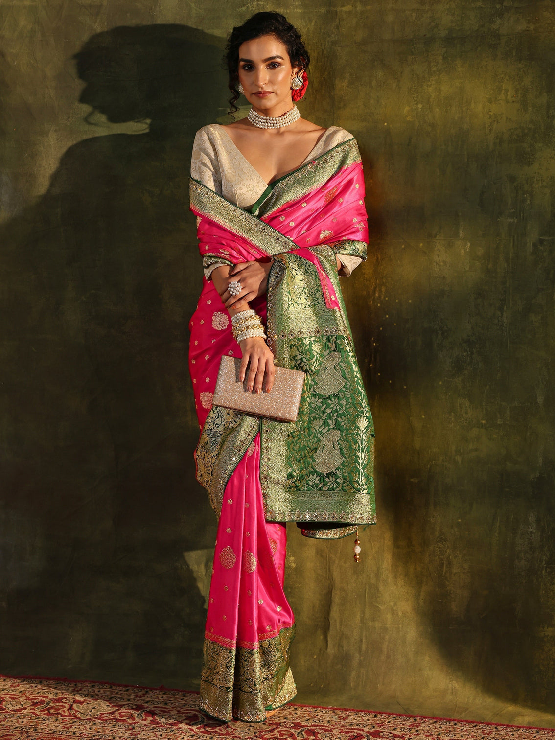 Mameraa Pink Woven Design Satin Banarasi Saree With Unstitched Blouse Piece