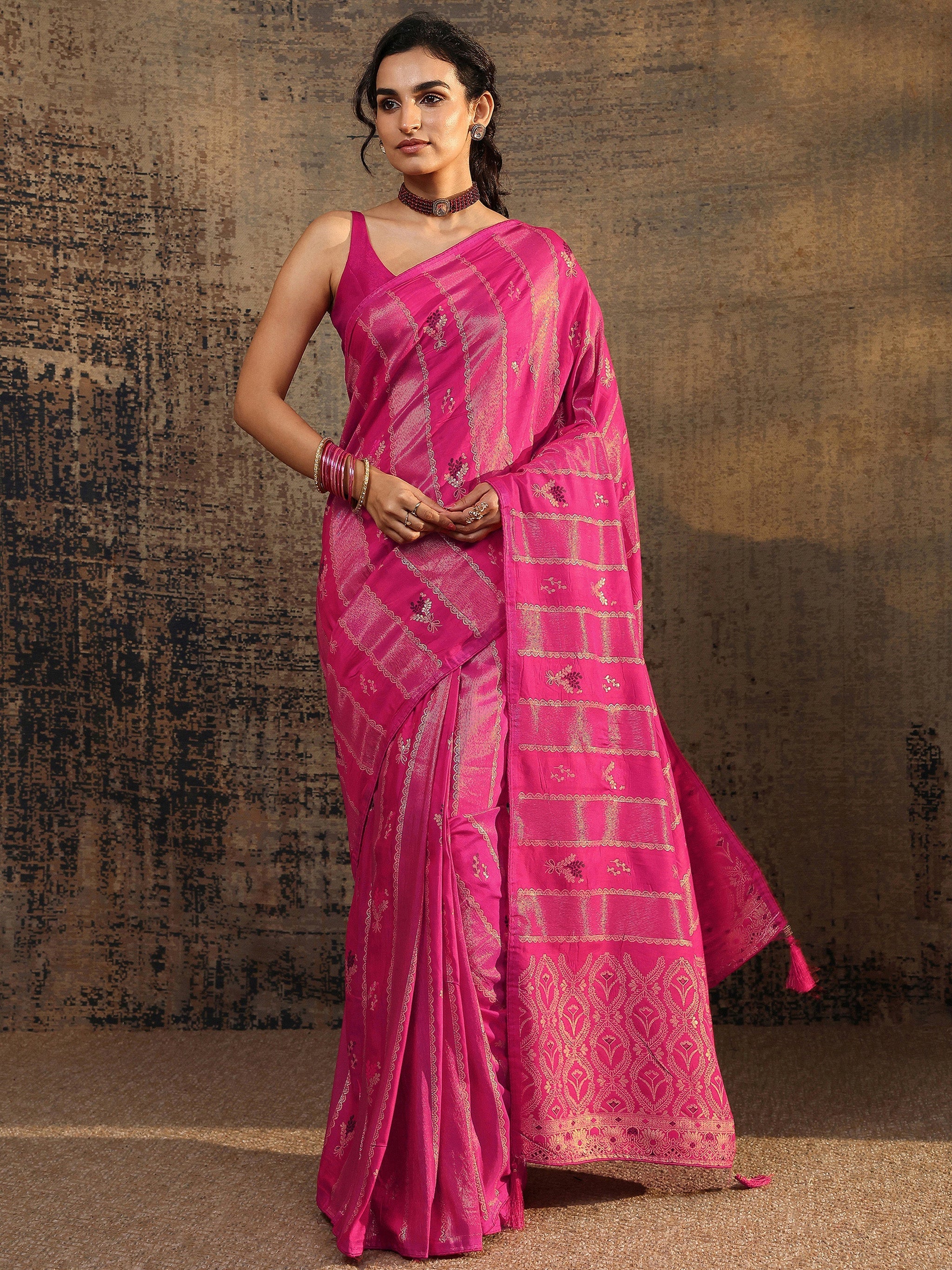 Libas Pink Woven Design Silk Blend Saree With Unstitched Blouse Piece