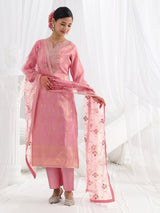 Libas Pink Woven Design Silk Blend Straight Suit Set With Dupatta