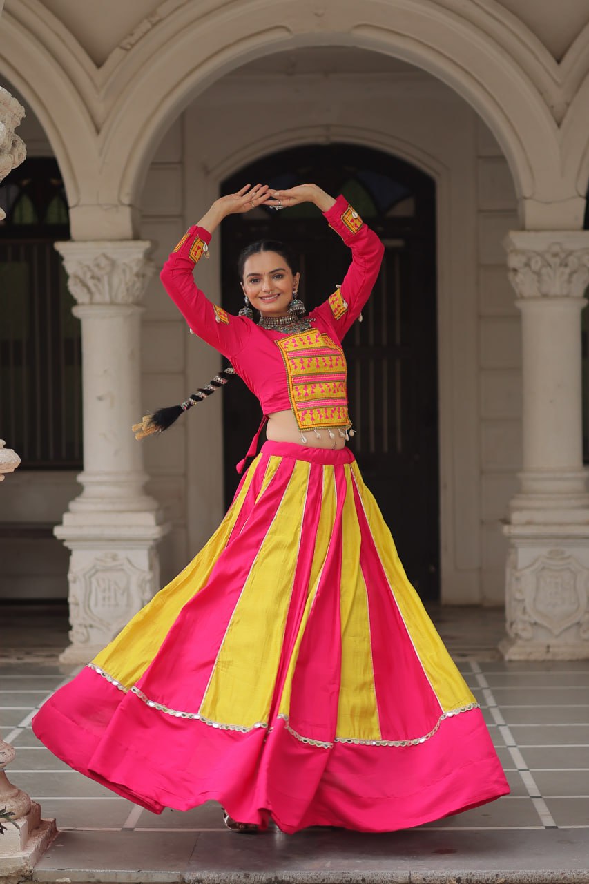 Pink & Yellow Roman Fabric Lehenga Choli with Mirror Lace & Gamthi Thread Work