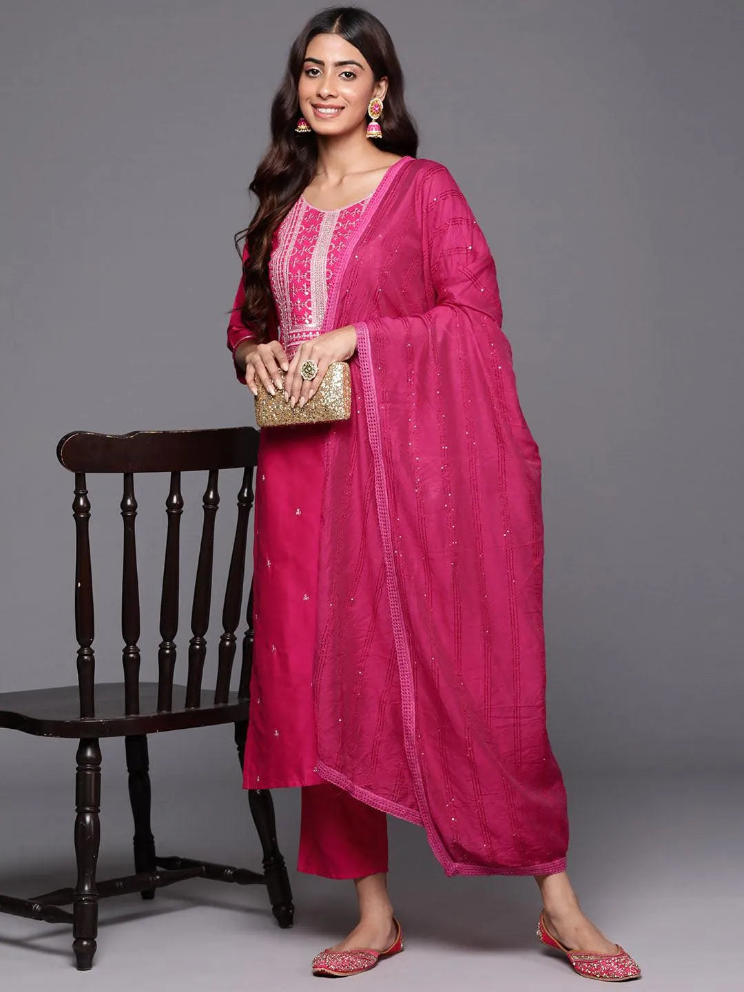 Mameraa Pink Yoke Design Silk Blend Straight Suit With Dupatta