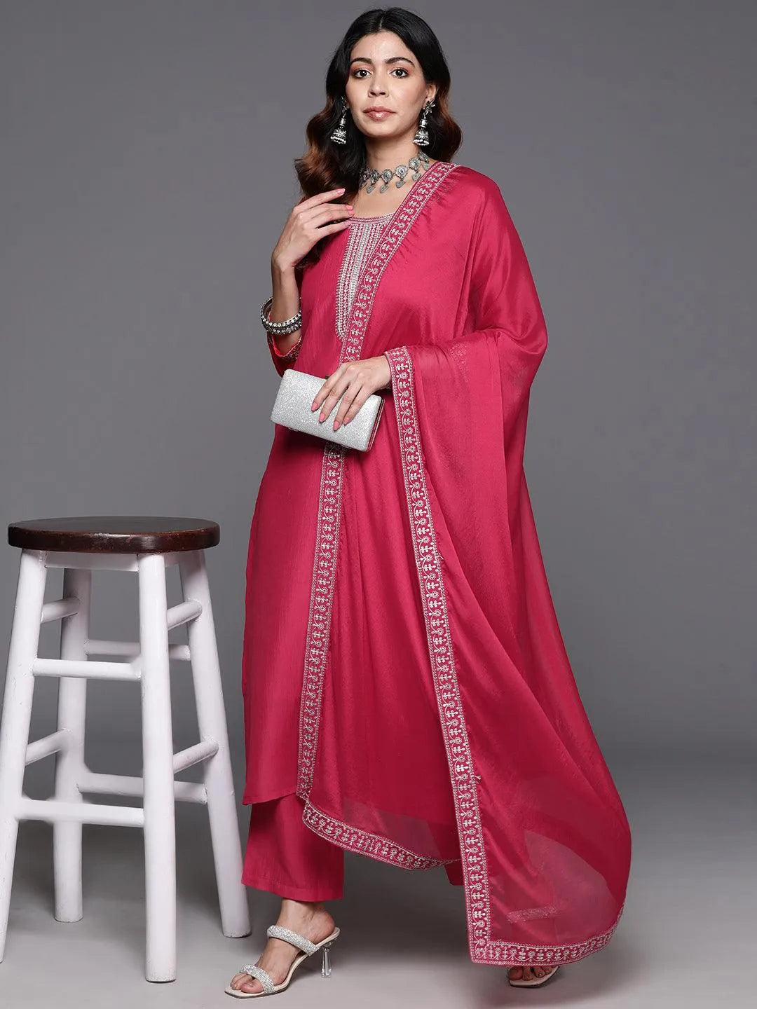 Mameraa Pink Yoke Design Silk Blend Straight Suit With Dupatta