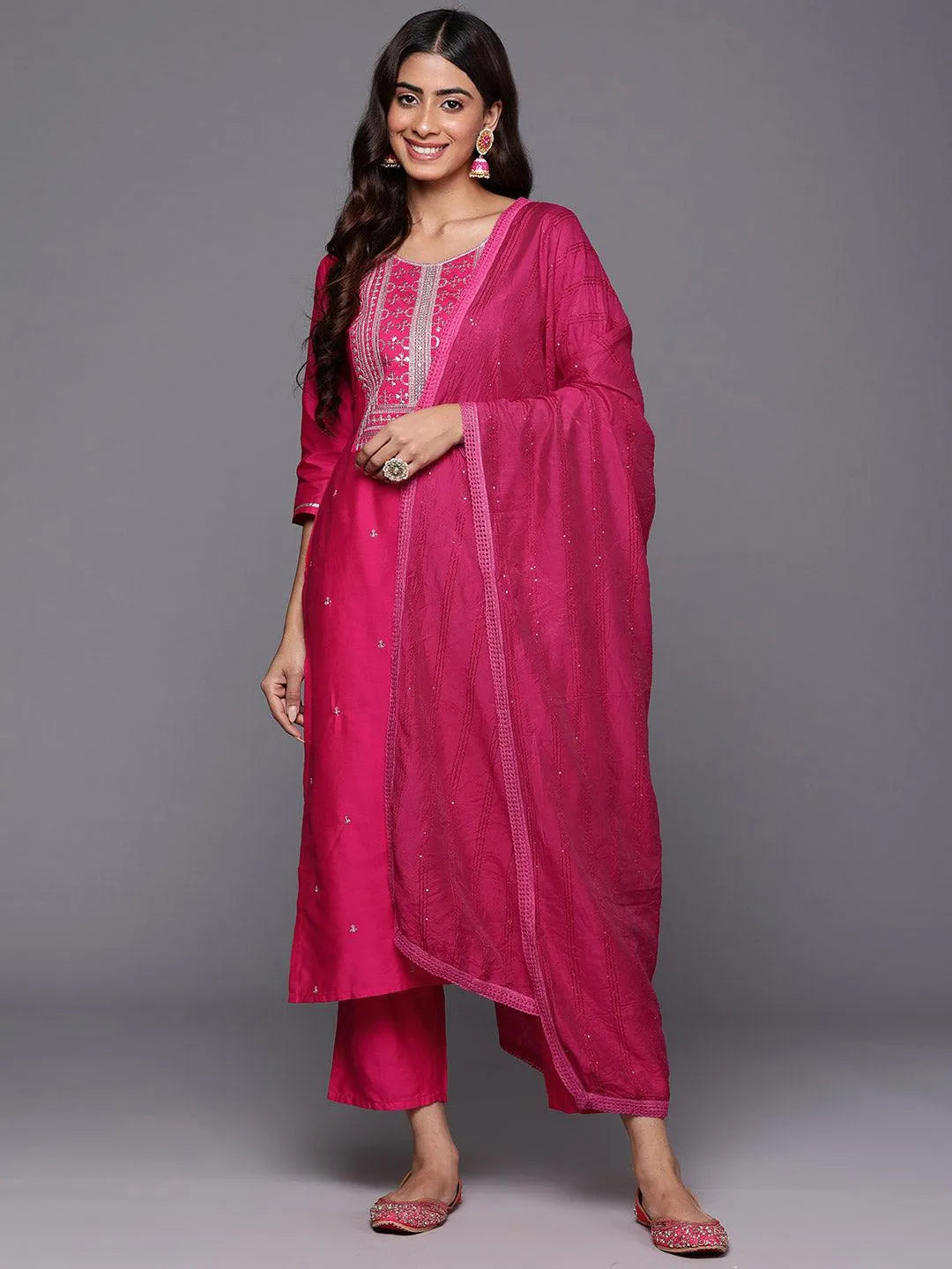 Mameraa Pink Yoke Design Silk Blend Straight Suit With Dupatta