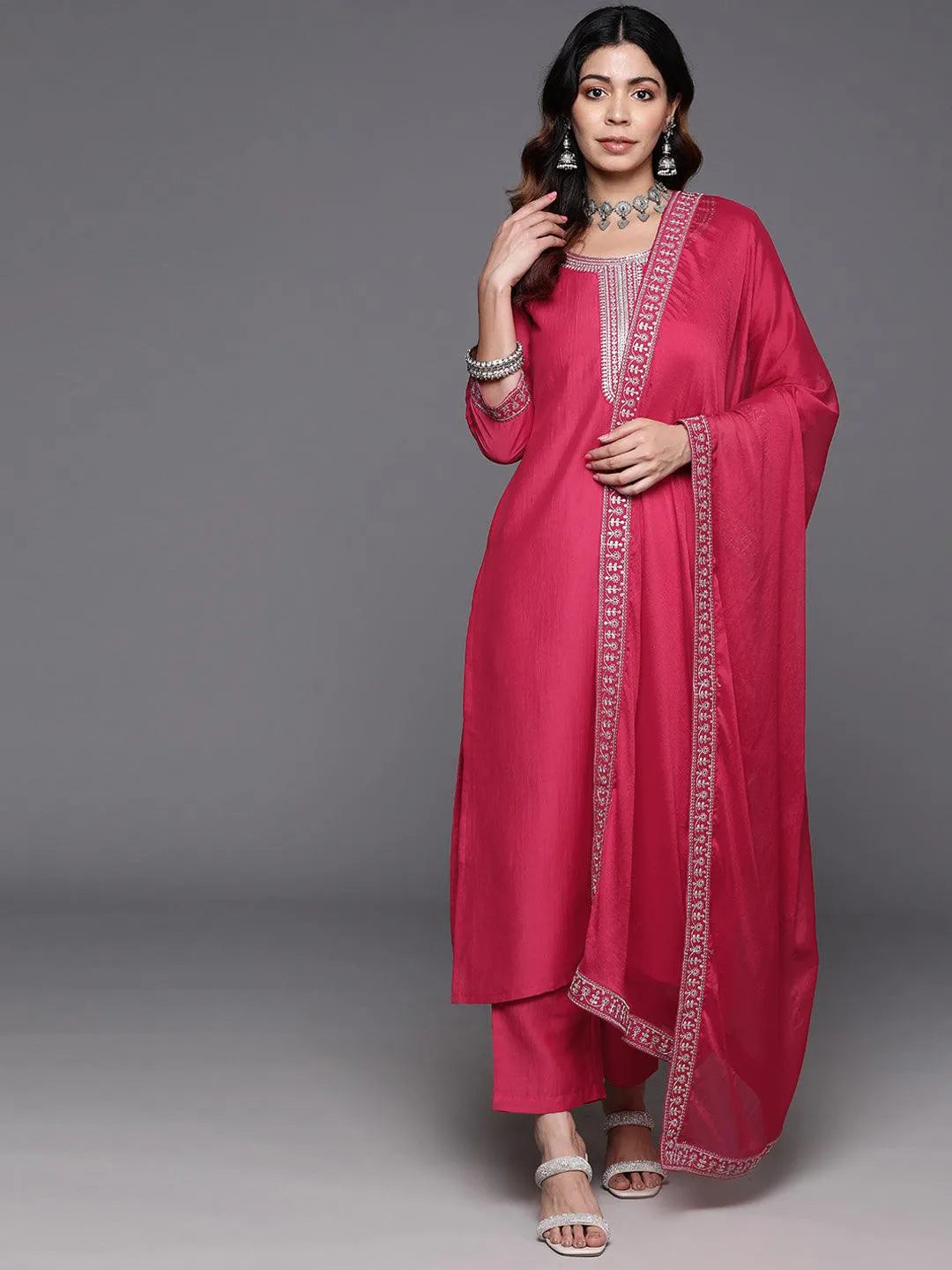 Mameraa Pink Yoke Design Silk Blend Straight Suit With Dupatta