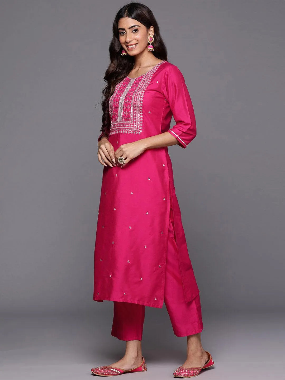 Mameraa Pink Yoke Design Silk Blend Straight Suit With Dupatta