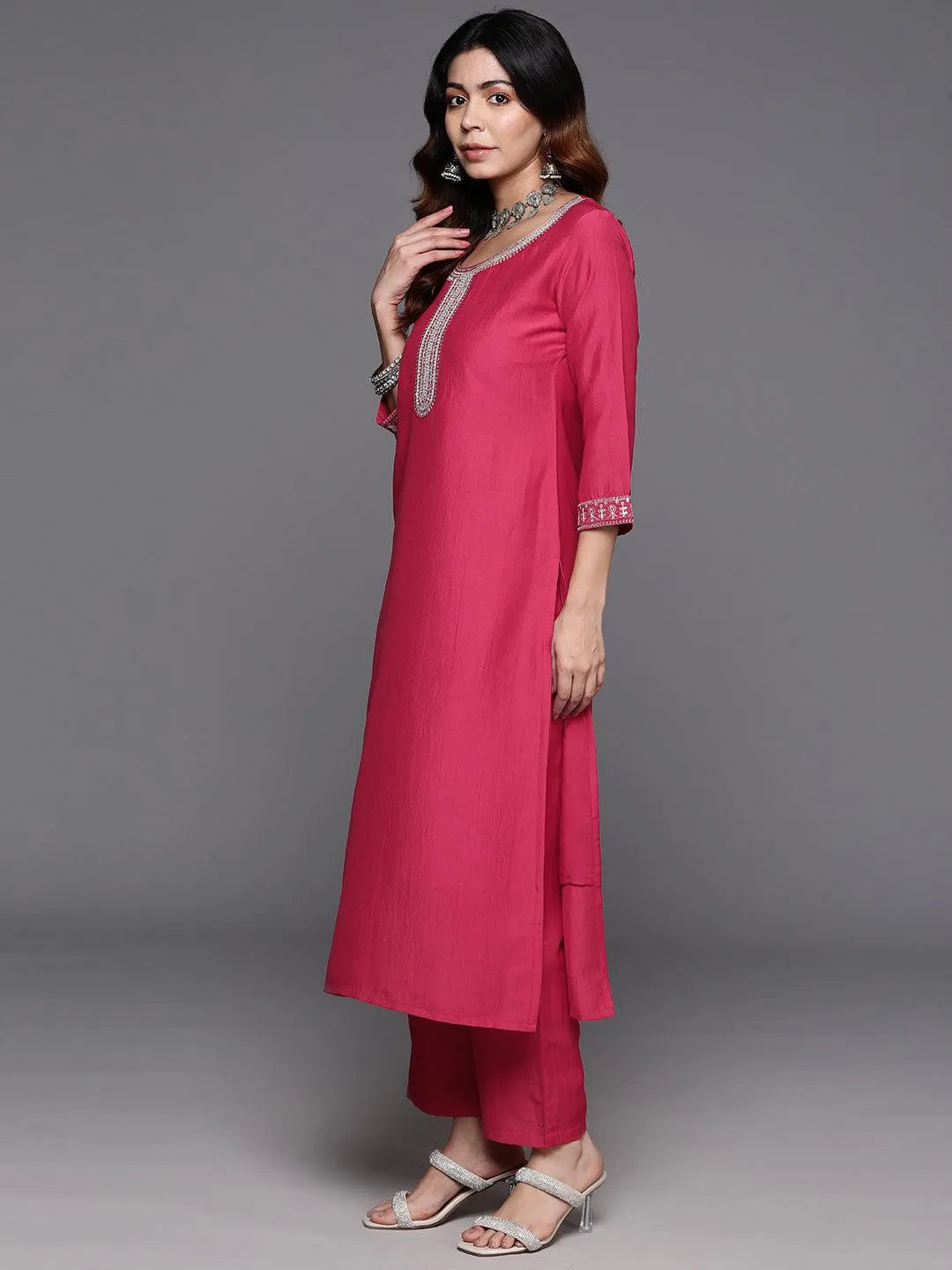 Mameraa Pink Yoke Design Silk Blend Straight Suit With Dupatta