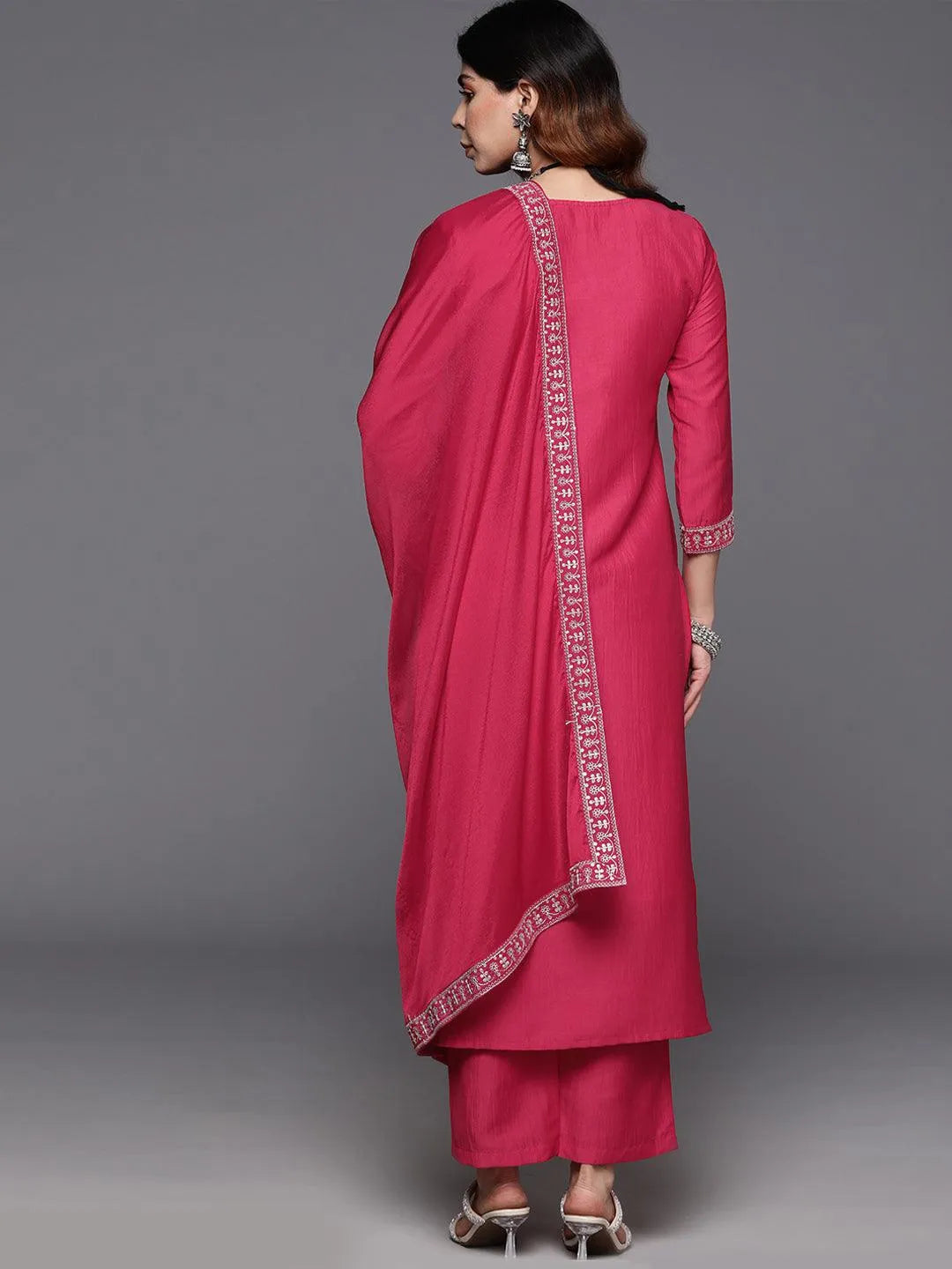 Mameraa Pink Yoke Design Silk Blend Straight Suit With Dupatta