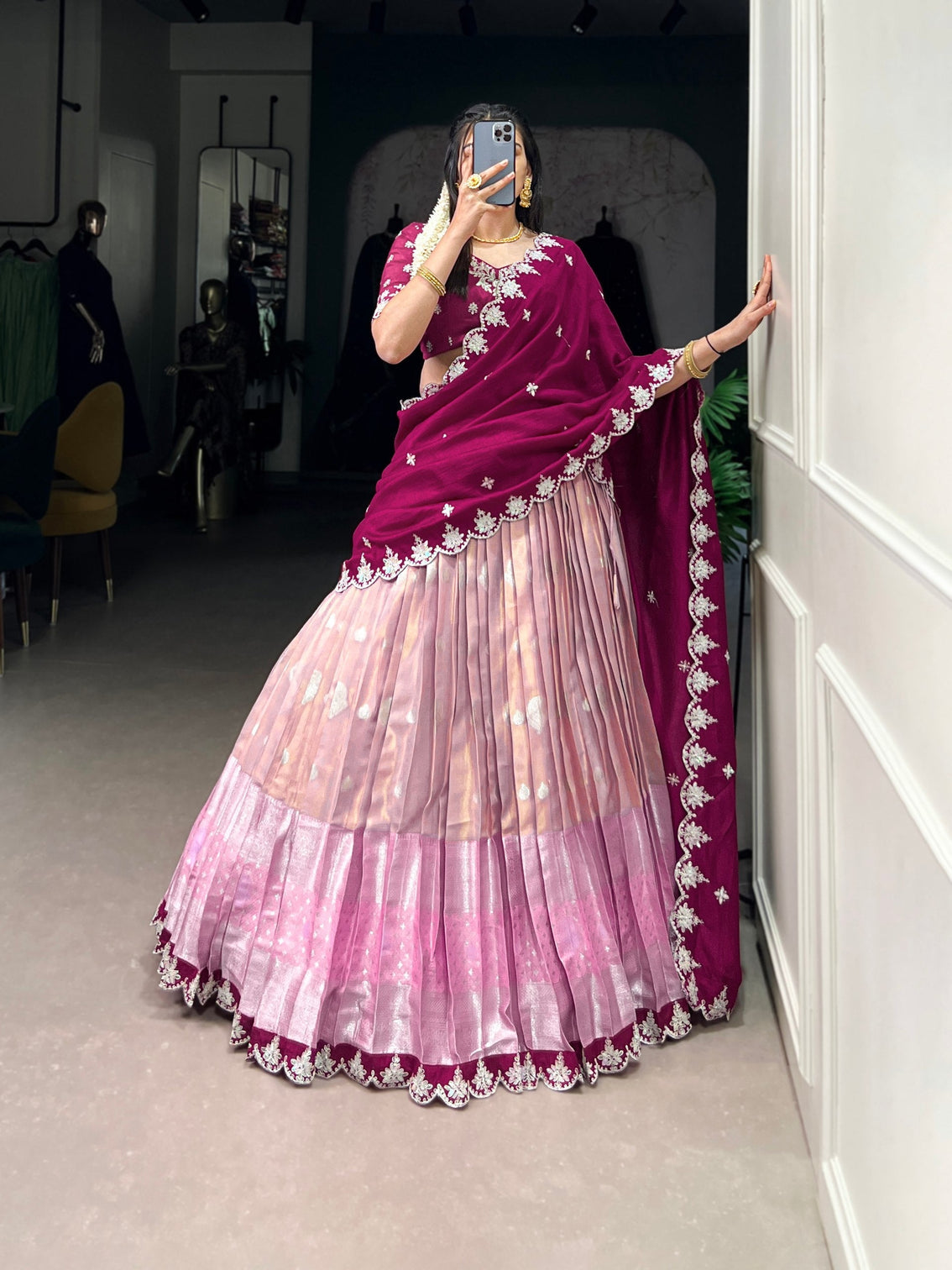 Pink Zari Kota Embroidered Lehenga Set with Vichitra Silk Dupatta – Sequins & Thread Work, Unstitched Blouse