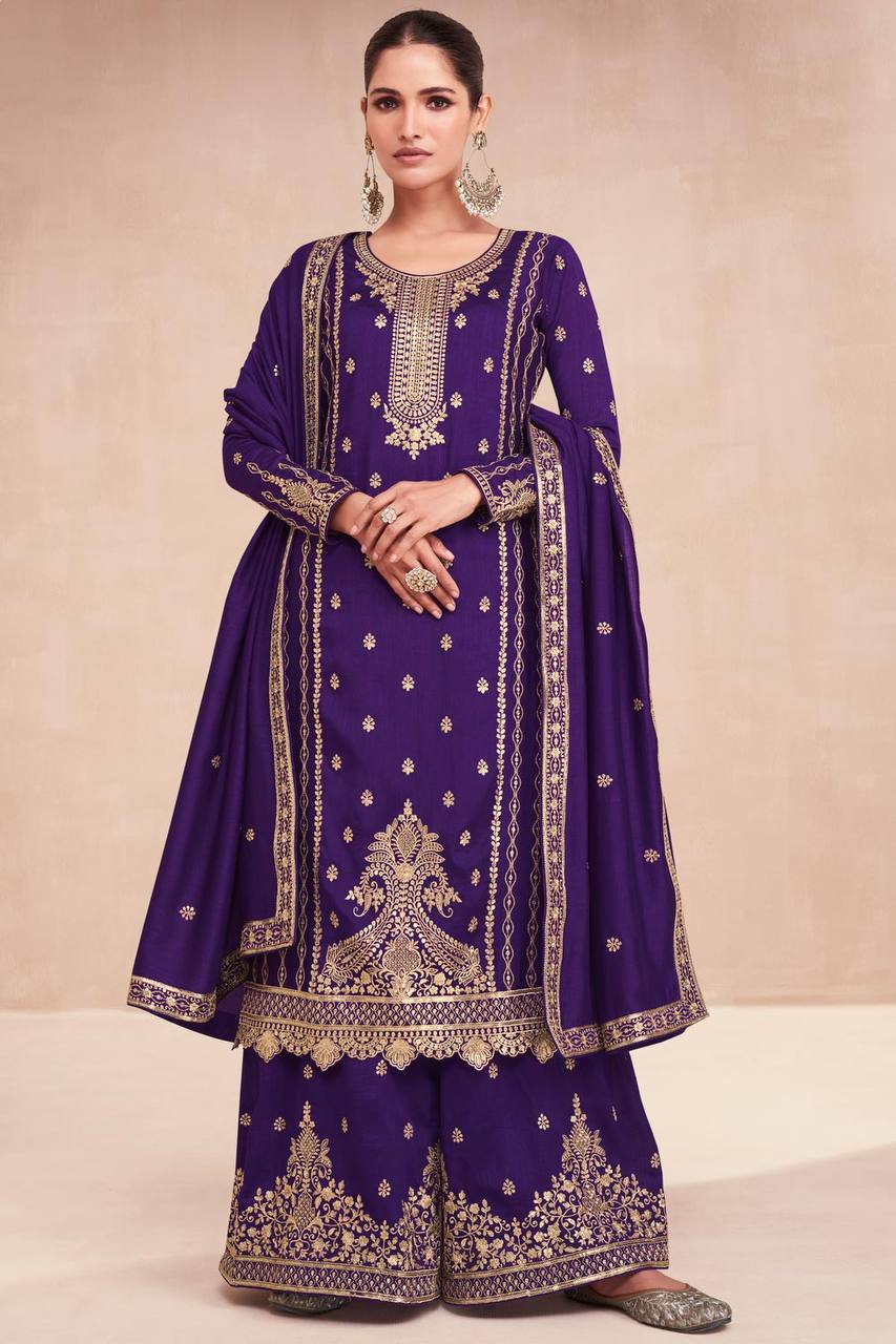 Pinkish Purple Vichitra Silk Embroidered Lehenga Suit Set