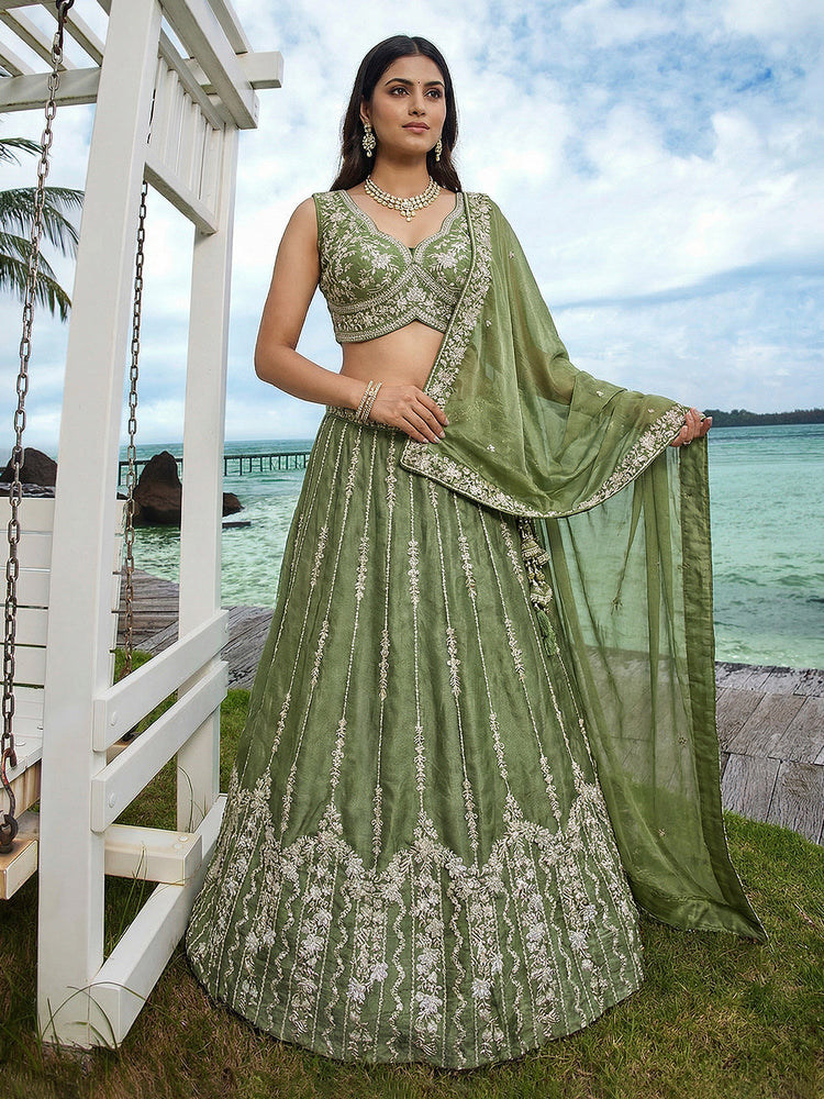 Pista Chiffon Sequin & Zari Thread Embroidered Lehenga Choli Set