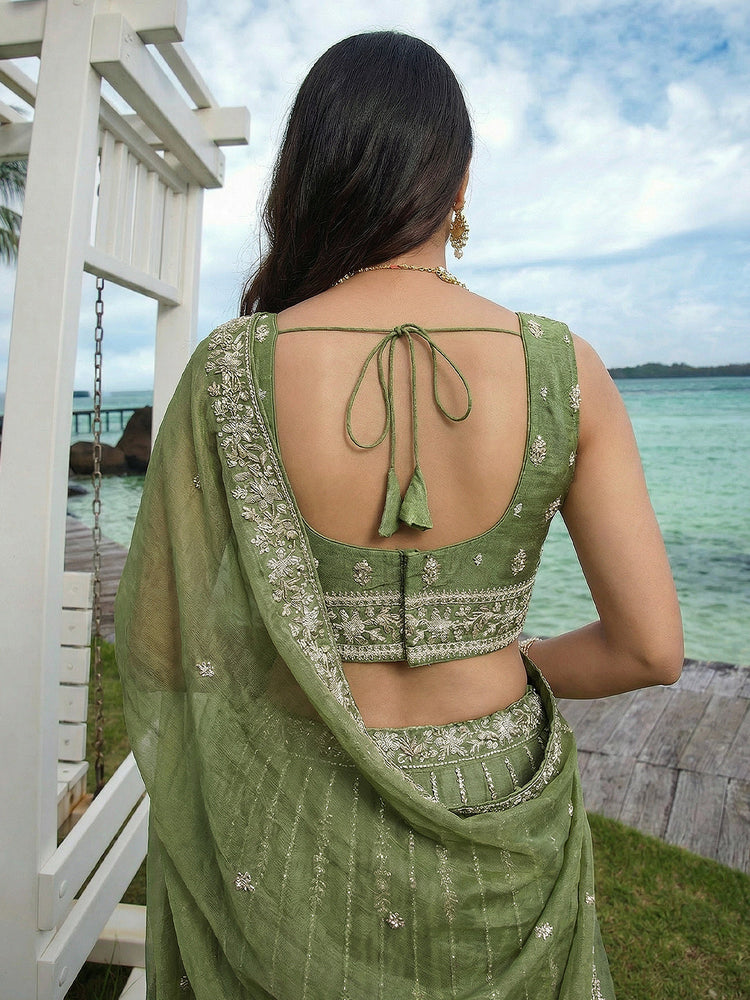 Pista Chiffon Sequin & Zari Thread Embroidered Lehenga Choli Set