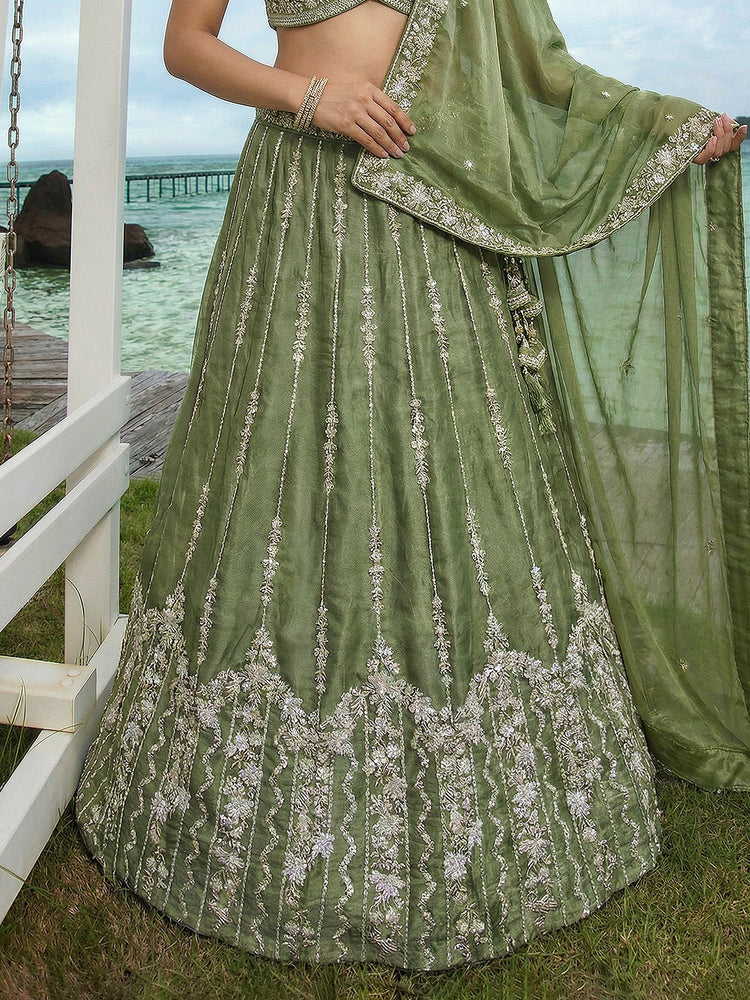 Pista Chiffon Sequin & Zari Thread Embroidered Lehenga Choli Set
