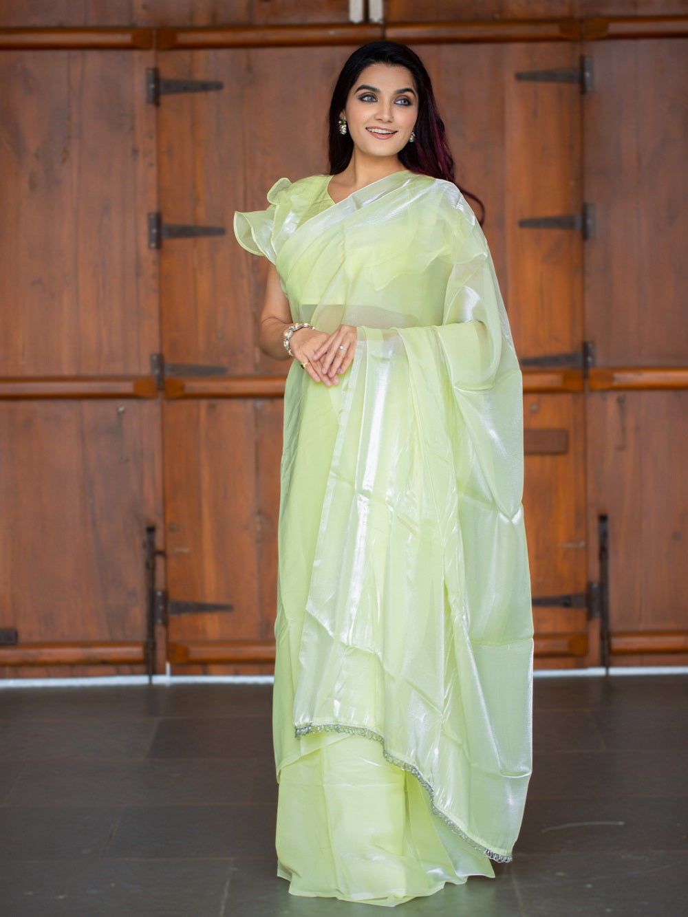 Pista Color Pallu Lace Border Jimi Silk Saree