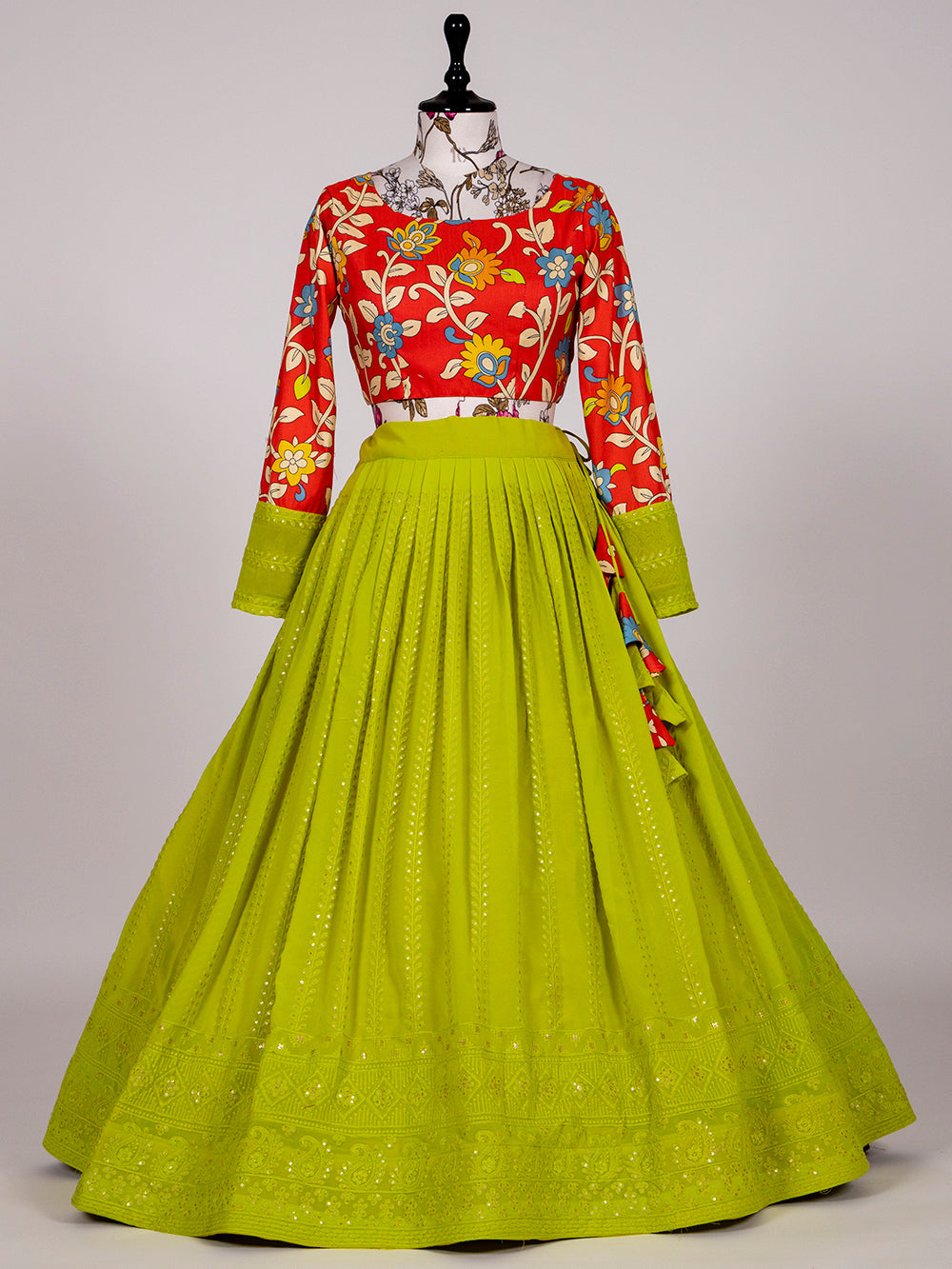 Pista Color Lucknowi Sequins Embroidery Work Lehenga Crop Top
