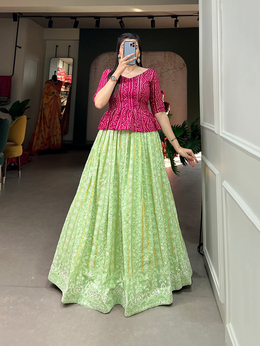 Pista Color Lucknowi Thread Work Georgette Lehenga With Foil And Printed Choli