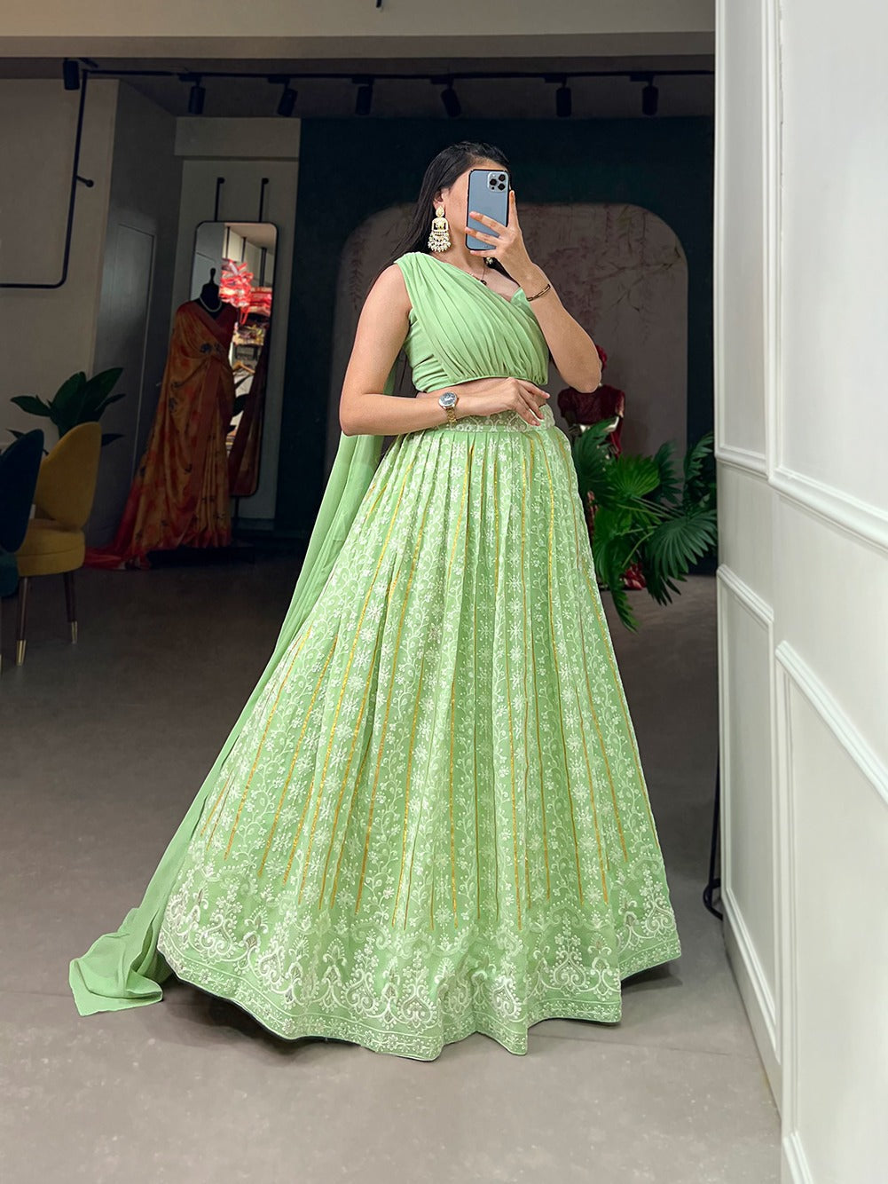 Pista Color Lucknowi Thread Work Georgette Party Wear Lehenga Choli Set