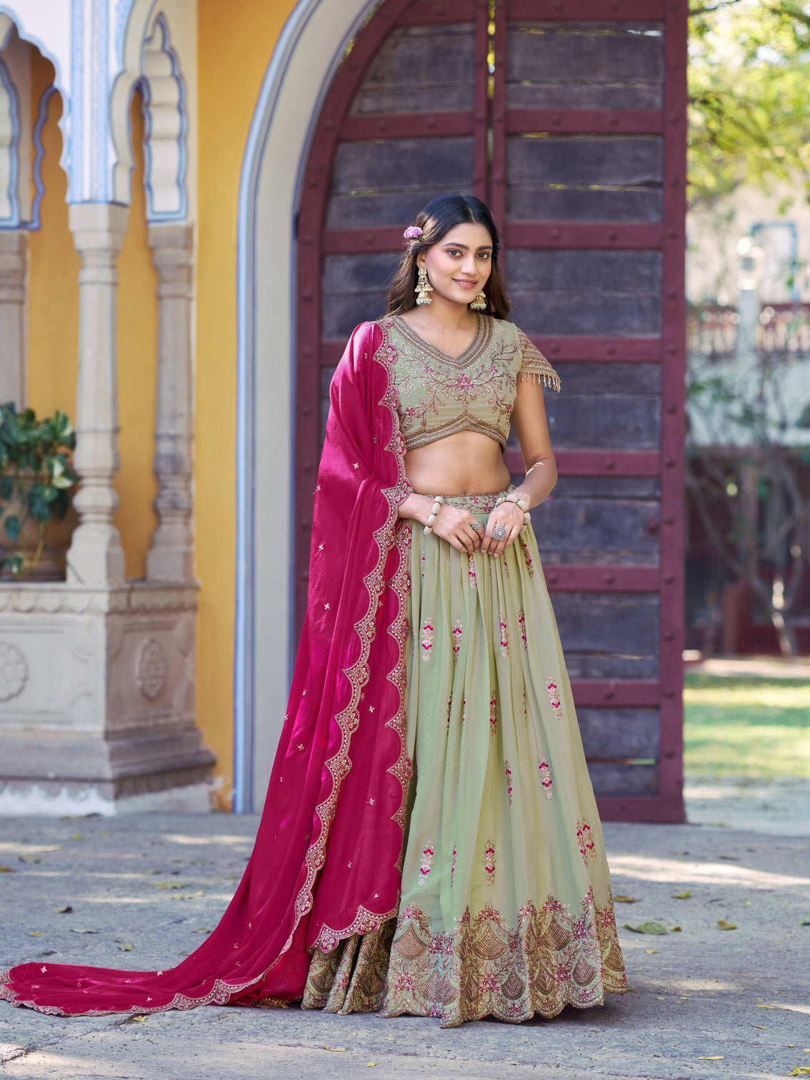 Pista color embroidery work chaniya choli
