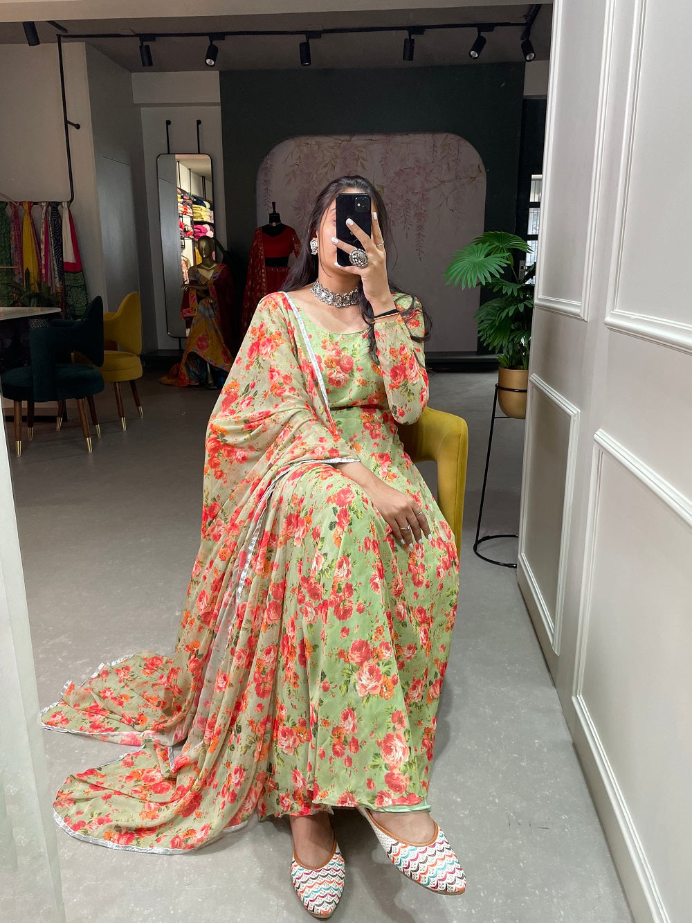 Pista Color Floral Printed Anarkali Style Chiffon Kurti