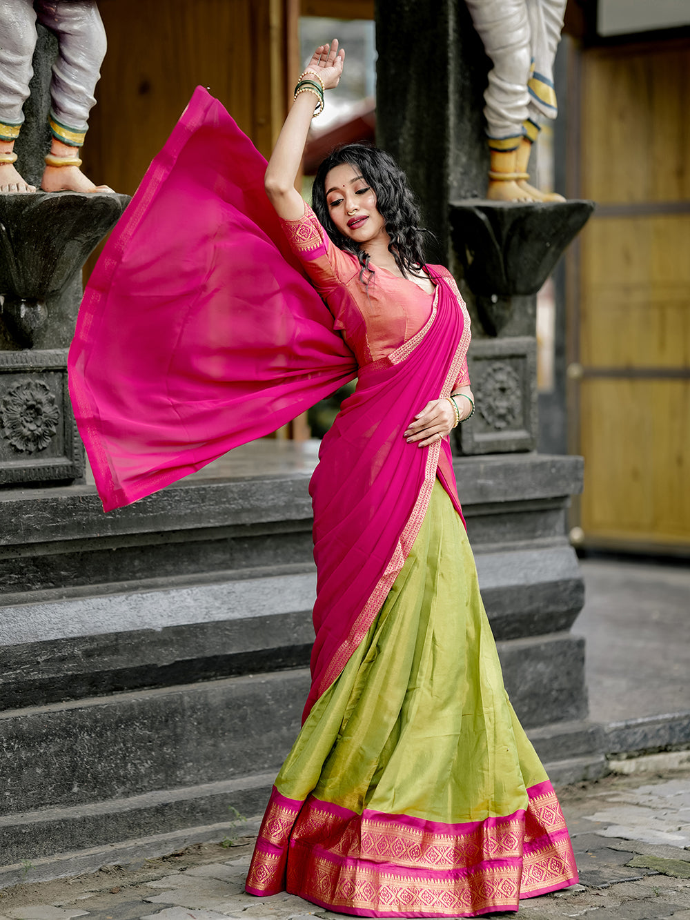 Pista green kanchipuram silk lehenga choli with zari weaving matching dupatta