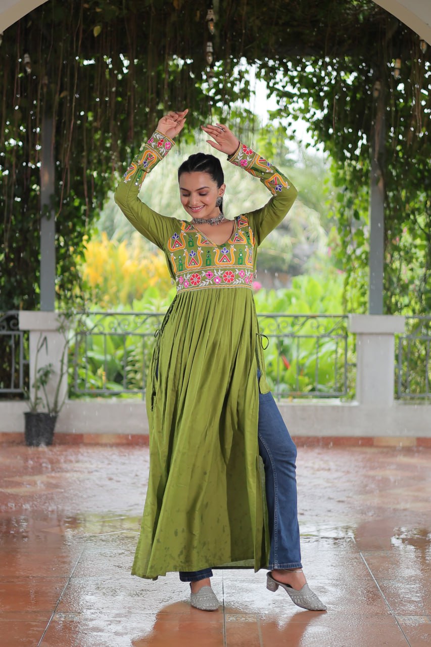 Pista Colour Navratri Special Rayon Kurti with Kutchi Gamthi Work – Adjustable Fit & Full Sleeves