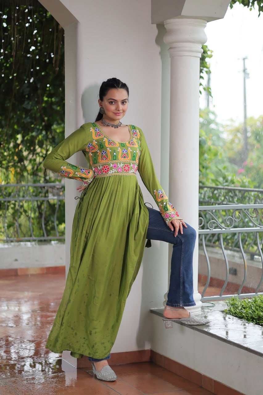 Pista Colour Navratri Special Rayon Kurti with Kutchi Gamthi Work – Adjustable Fit & Full Sleeves