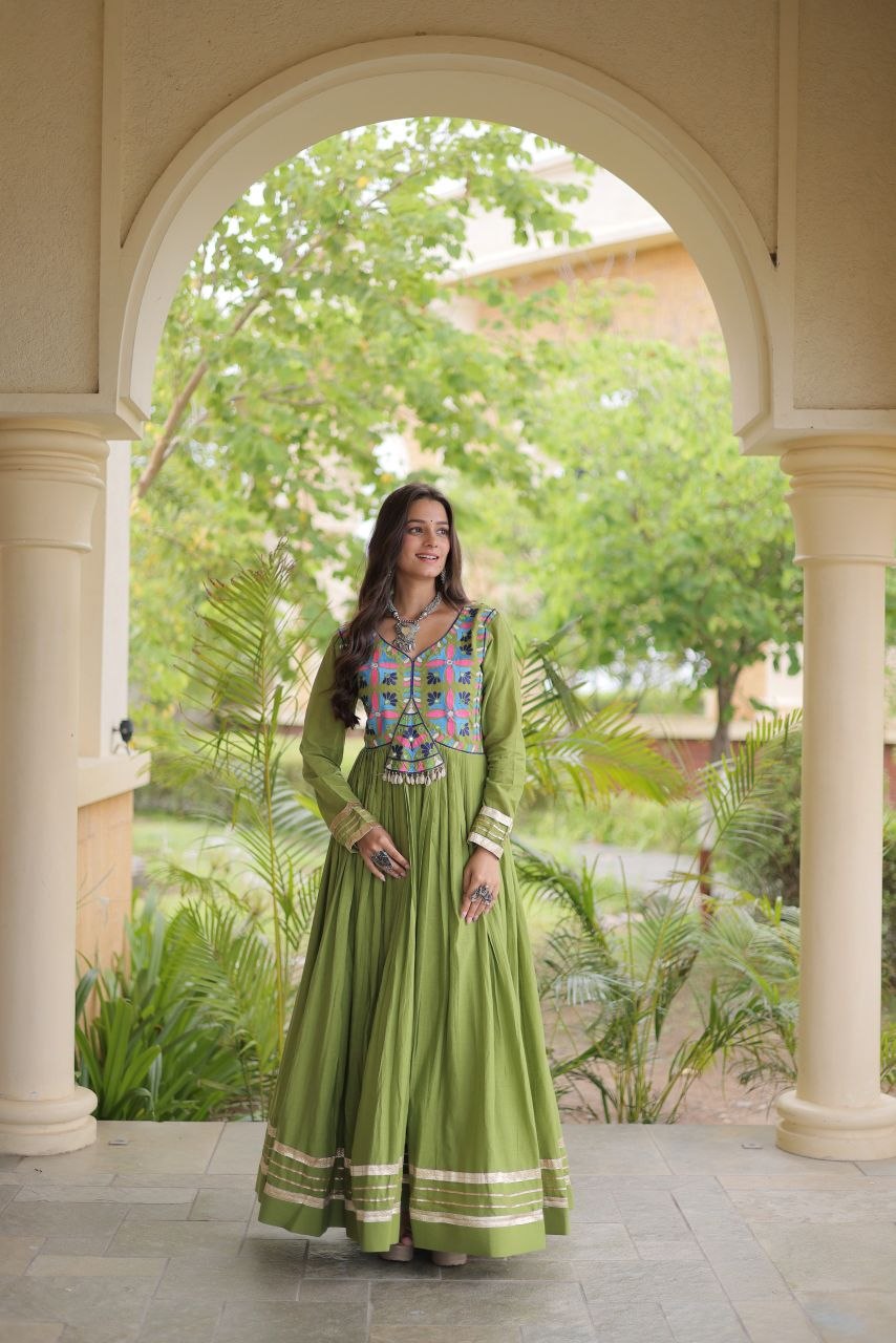 Pista Cotton Gota Patti Mirror Work Gown
