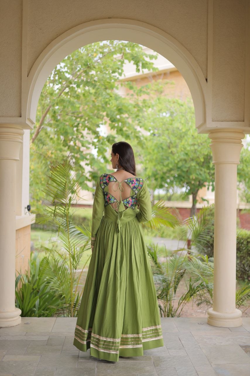 Pista Cotton Gota Patti Mirror Work Gown