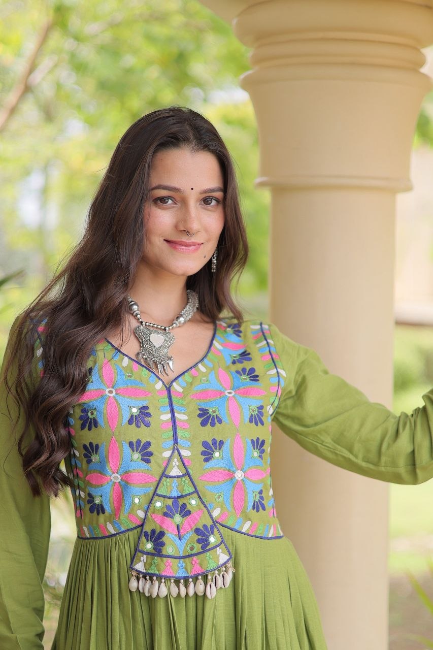 Pista Cotton Gota Patti Mirror Work Gown