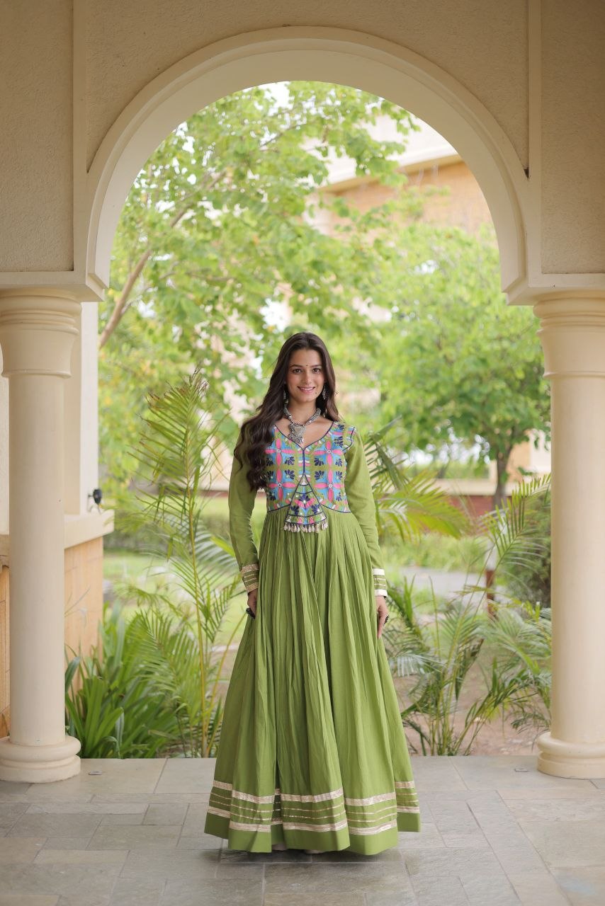 Pista Cotton Gota Patti Mirror Work Gown