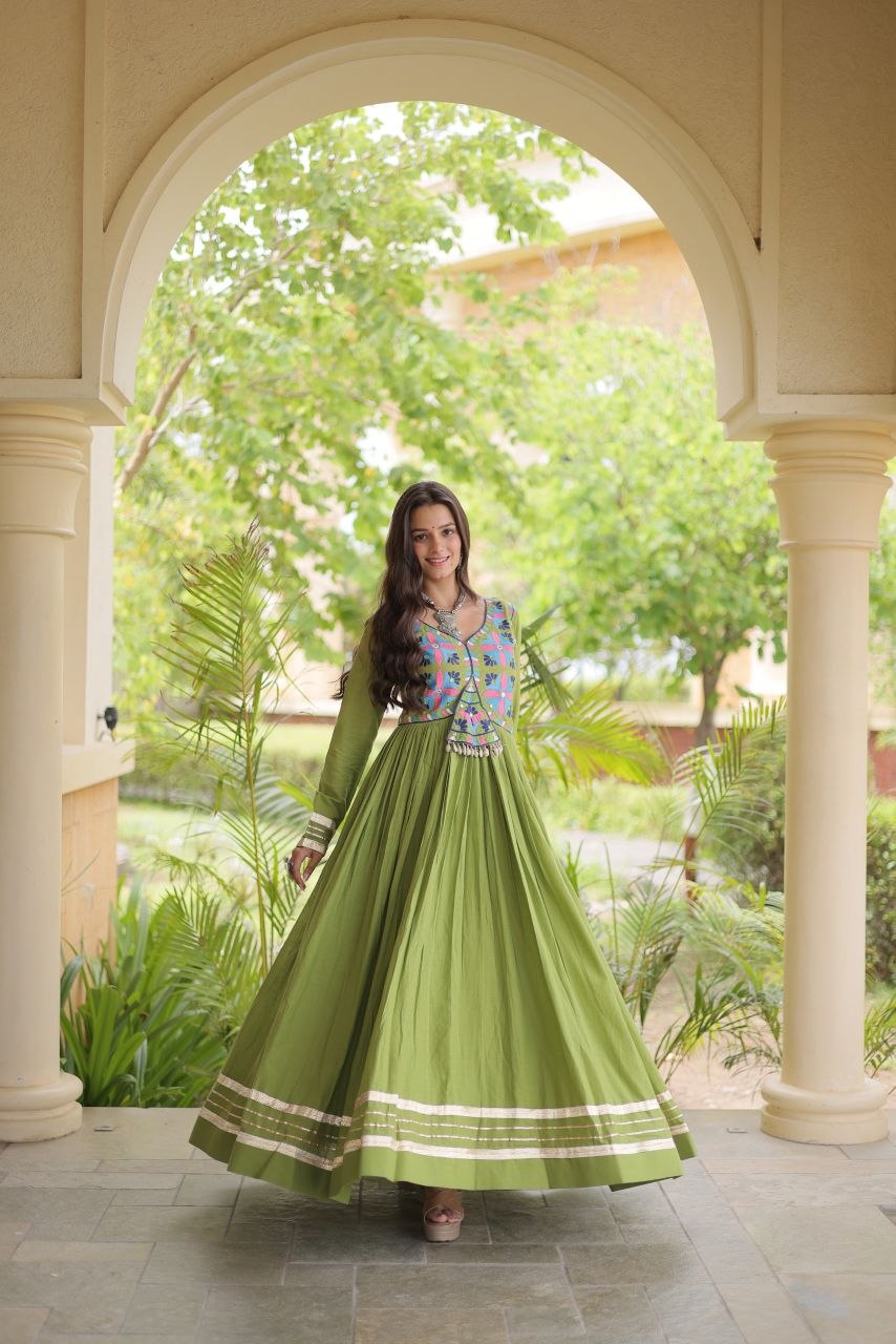 Pista Cotton Gota Patti Mirror Work Gown