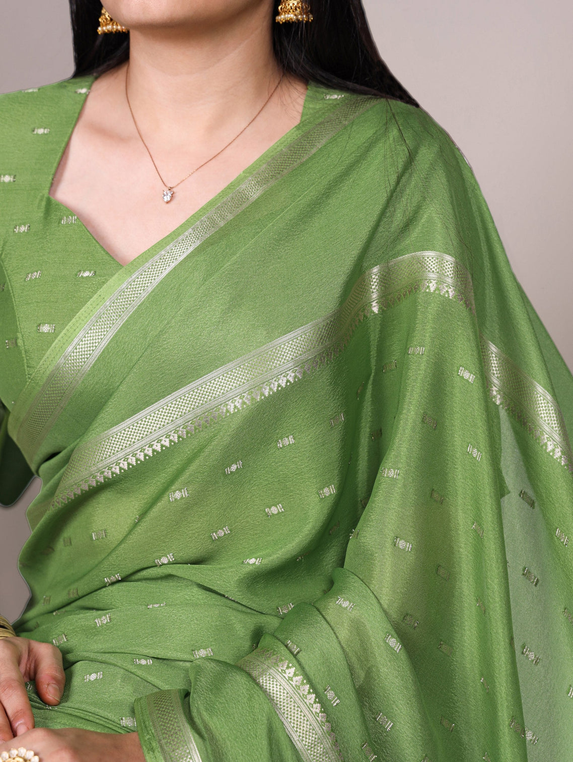 Pista Designer Crepe Weaving Saree with Matching Unstitched Crepe Blouse – Elegant Traditional Wear