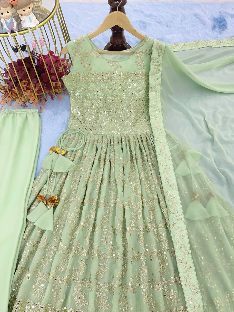 Pista Designer Nayra Cut Party Wear Long Top, Dupatta & Palazzo Set – Elegance Redefined