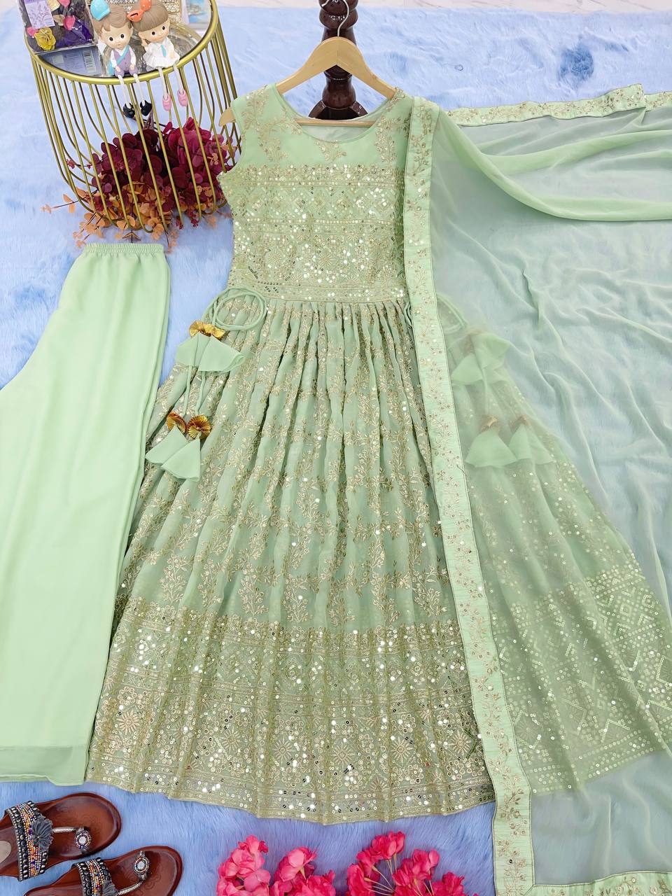Pista Designer Nayra Cut Party Wear Long Top, Dupatta & Palazzo Set – Elegance Redefined