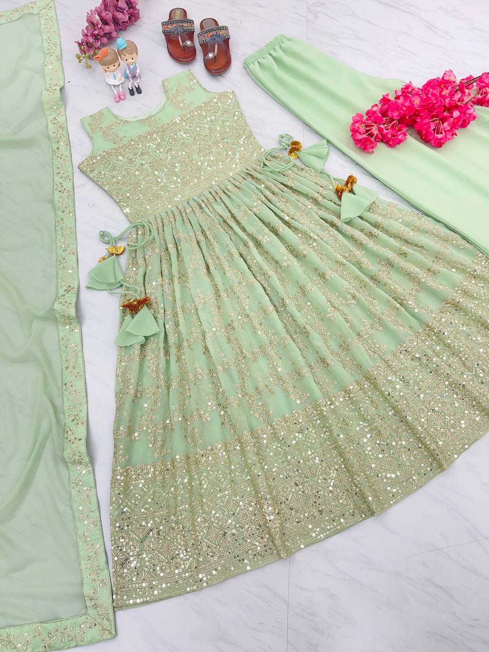 Pista Designer Nayra Cut Party Wear Long Top, Dupatta & Palazzo Set – Elegance Redefined