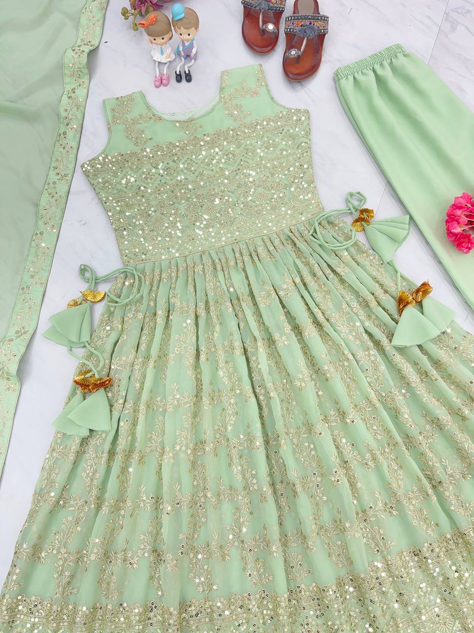 Pista Designer Nayra Cut Party Wear Long Top, Dupatta & Palazzo Set – Elegance Redefined