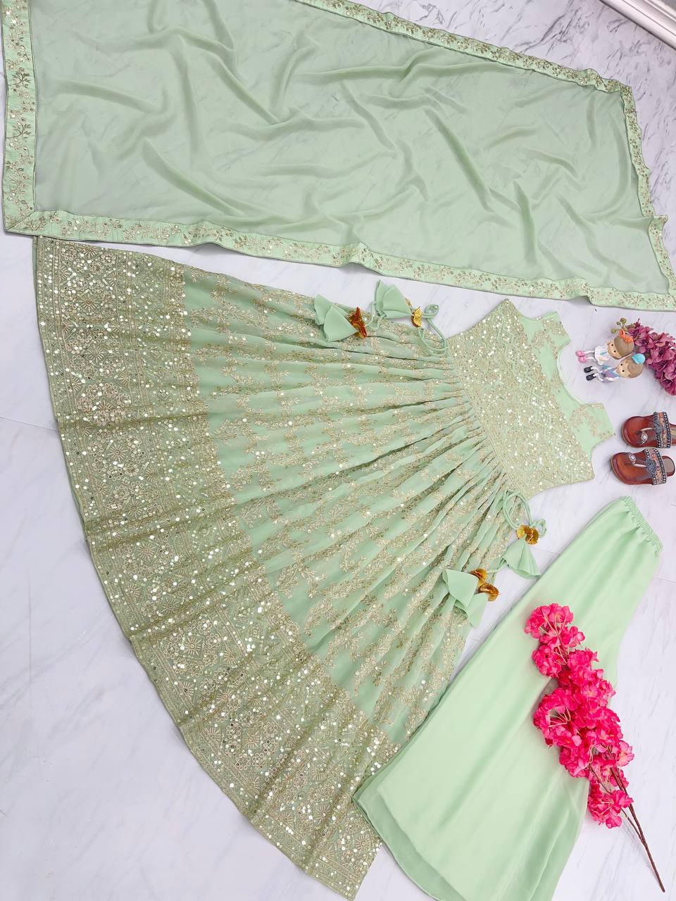 Pista Designer Nayra Cut Party Wear Long Top, Dupatta & Palazzo Set – Elegance Redefined