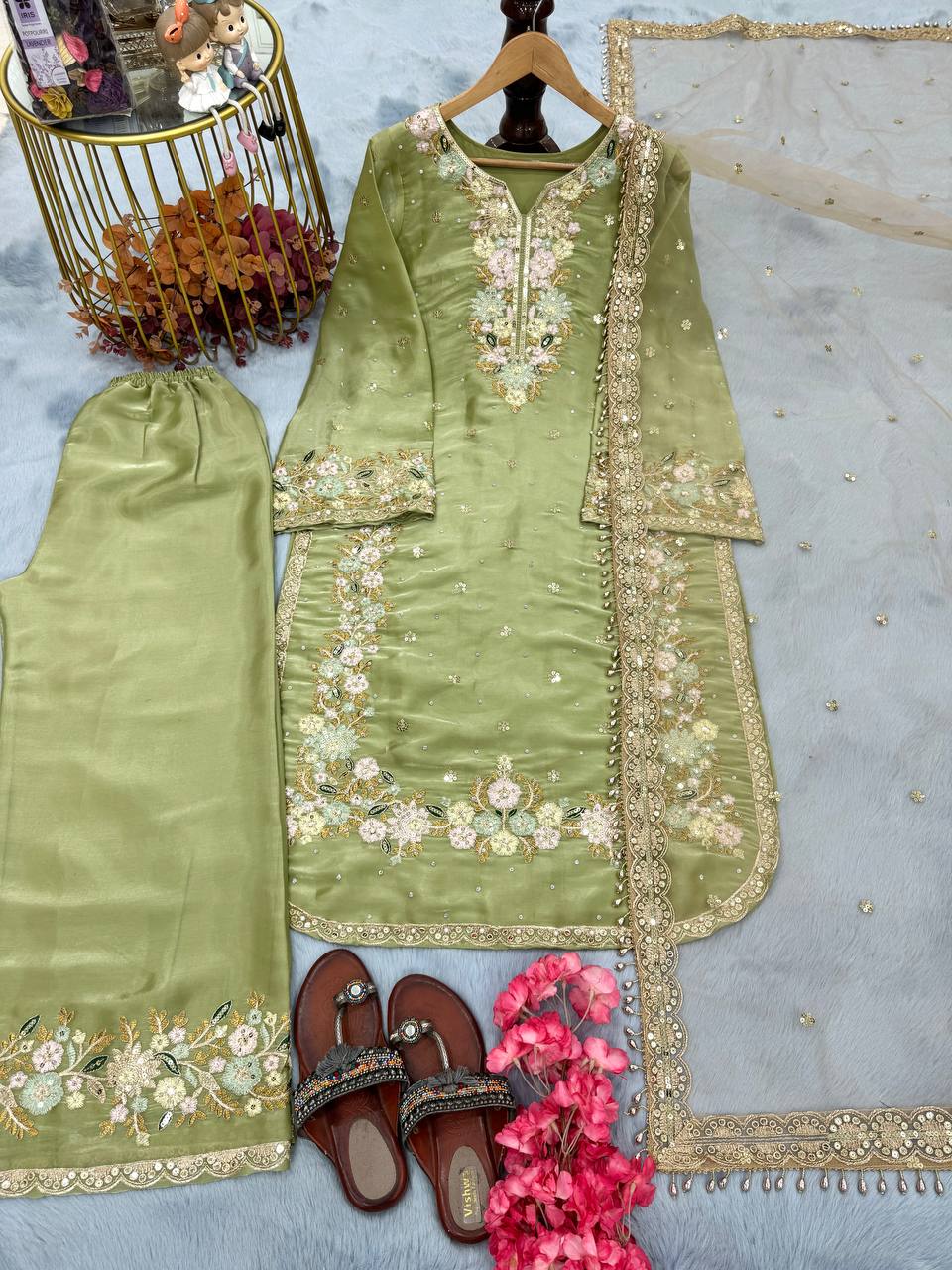 Pista Designer Party Wear Chinon Silk Plazzo Set – Exquisite Embroidery & Handwork
