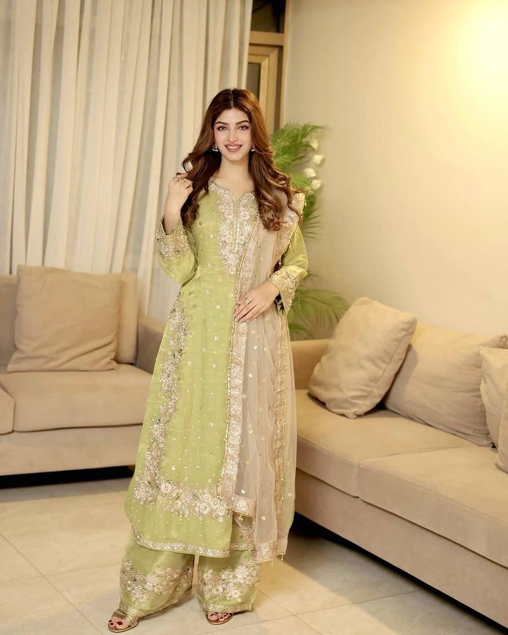 Pista Designer Party Wear Chinon Silk Plazzo Set – Exquisite Embroidery & Handwork